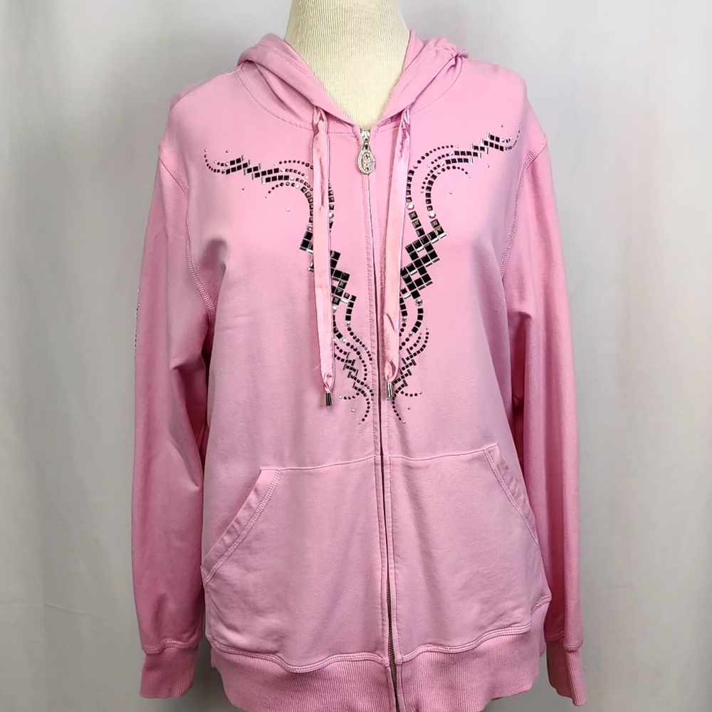Women's Christine Alexander Pastel Pink Zip Up Hoodie w/ Bling Size 1X - Picture 2 of 5